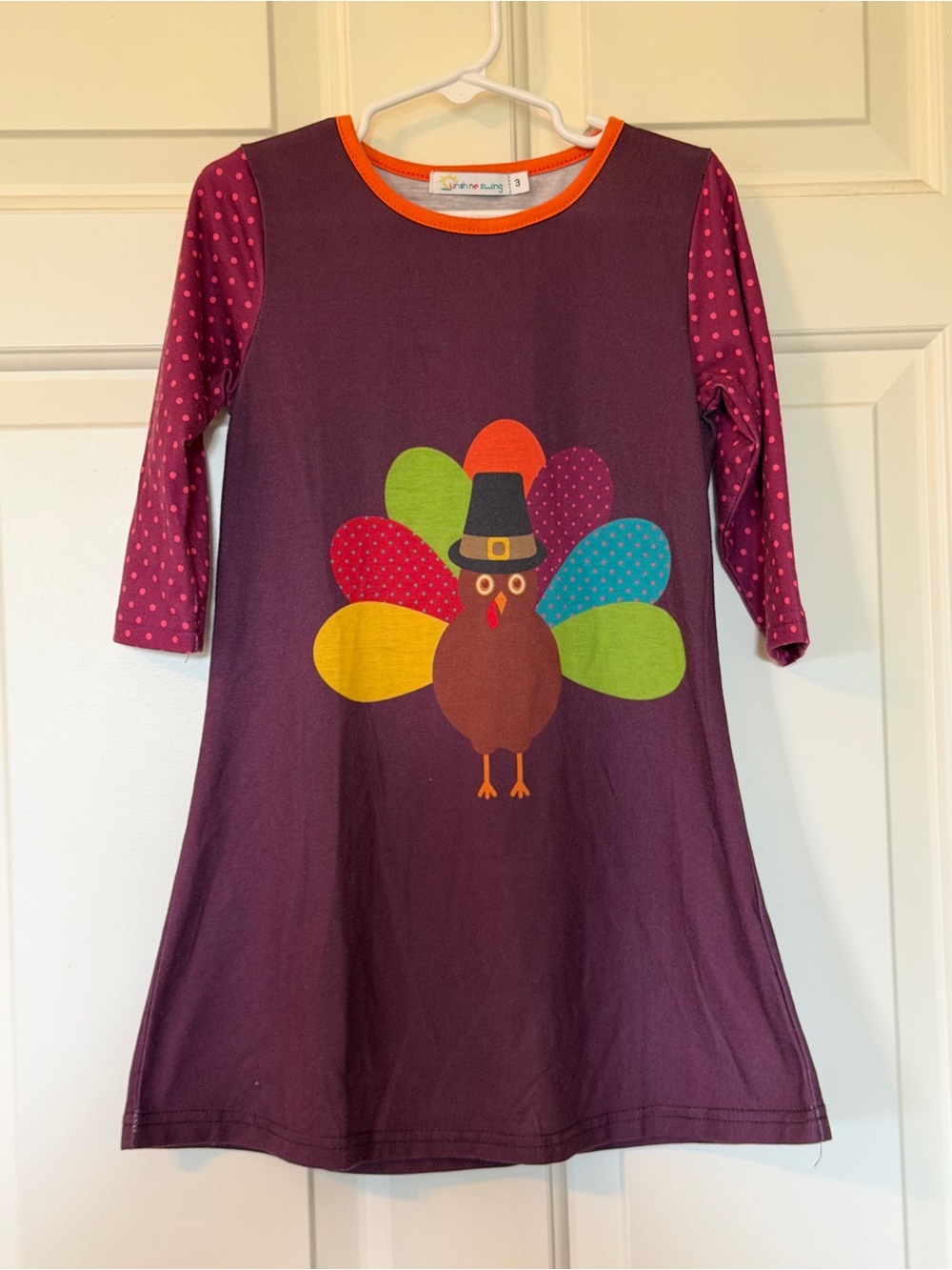 Girls Purple Turkey Print Long-Sleeve Dress with Orange Trim